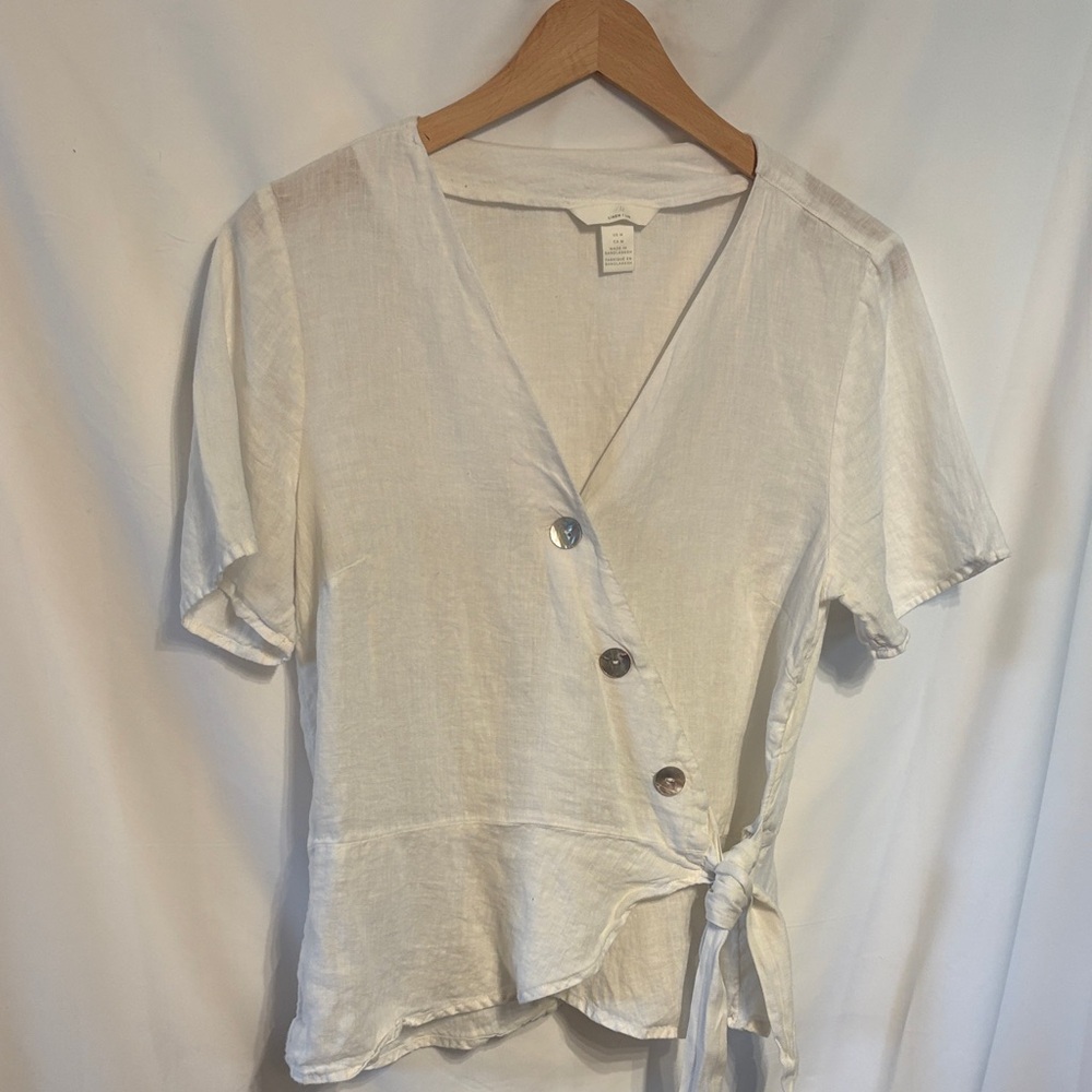 H&M White Linen-Blend Short Sleeve Peplum Wrap Blouse SZ M Quiet Luxury Granola